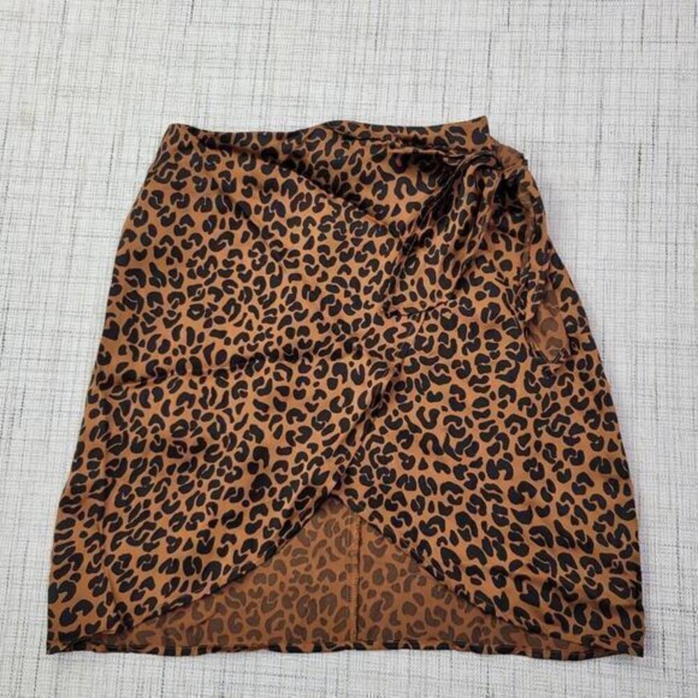 Good American Women's Brown and Black Leopard Print Wrap Tie Front Skirt Size 0